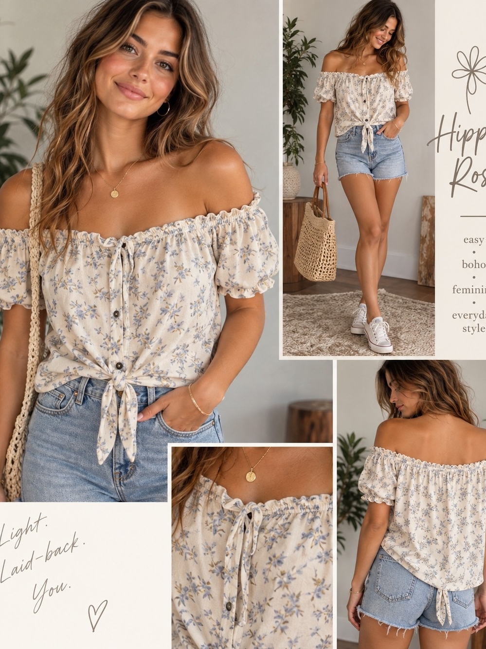 Hippie Rose Cream Floral Off-Shoulder Tie-Front Crop Top